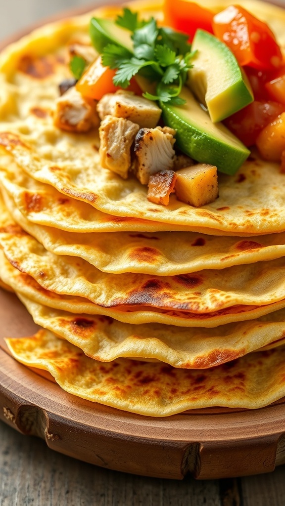 A stack of golden yuca tortillas with colorful fillings like chicken and avocado on a wooden plate.